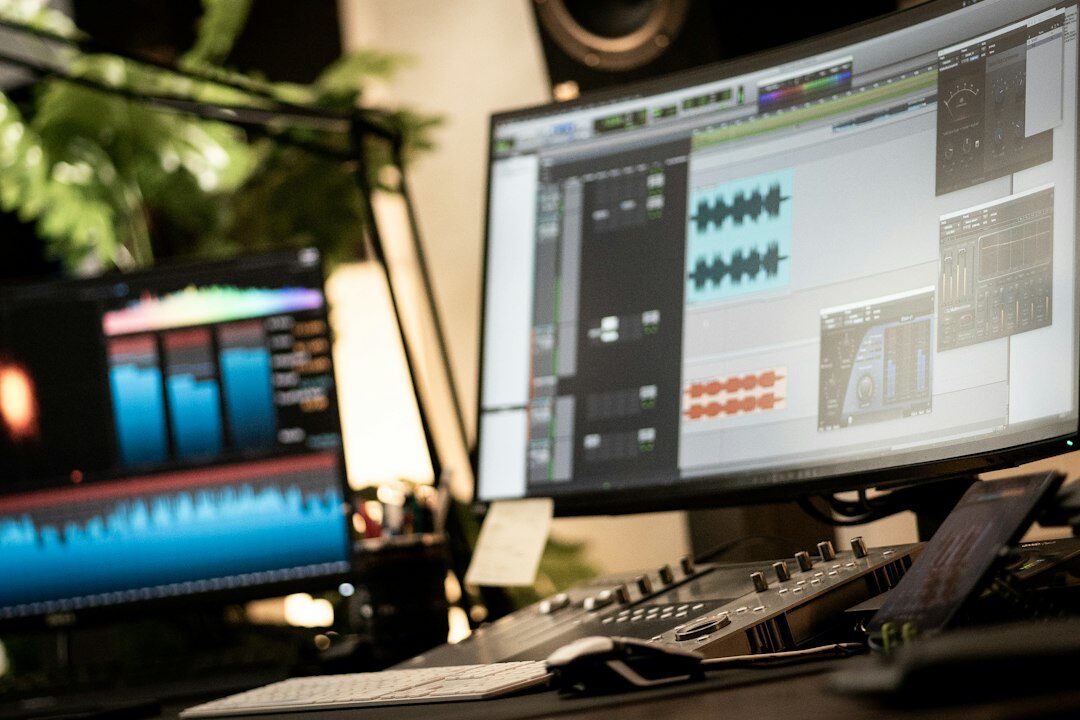 editing suite with multiple screens